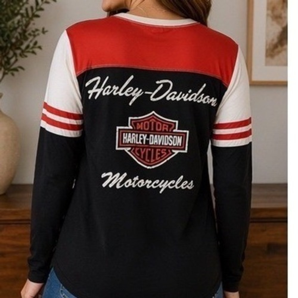 Harley-Davidson Womens Henley Long Sleeve‎ Shirt Black Orange Colorblock Medium